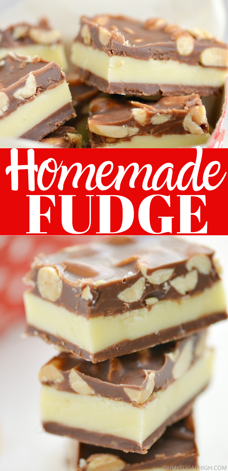 Homemade fudge recipe that is the best! This layered fudge features both chocolate and vanilla layers topped with peanuts!