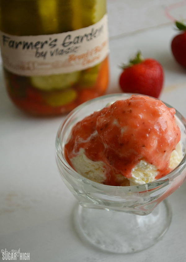 Strawberry Rhubarb Pickle Sauce on Ice Cream with Vlasic