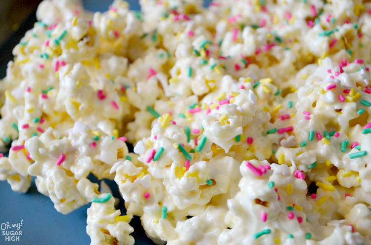 Cake batter popcorn is a super sweet and salty treat, perfect for a birthday party or as a fun Easter snack. This bunny popcorn is flavored with vanilla cake mix, coconut, melted white chocolate chips and plenty of colorful sprinkles! Whether you serve a bowl up to a crowd or hand it out as a party favor, no one can resist this cake batter popcorn!