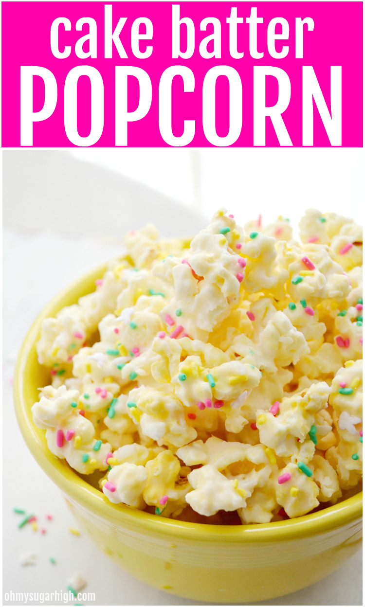Cake batter popcorn is a super sweet and salty treat, perfect for a birthday party or as a fun Easter snack. This bunny popcorn is flavored with vanilla cake mix, coconut, melted white chocolate chips and plenty of colorful sprinkles! Whether you serve a bowl up to a crowd or hand it out as a party favor, no one can resist this cake batter popcorn!