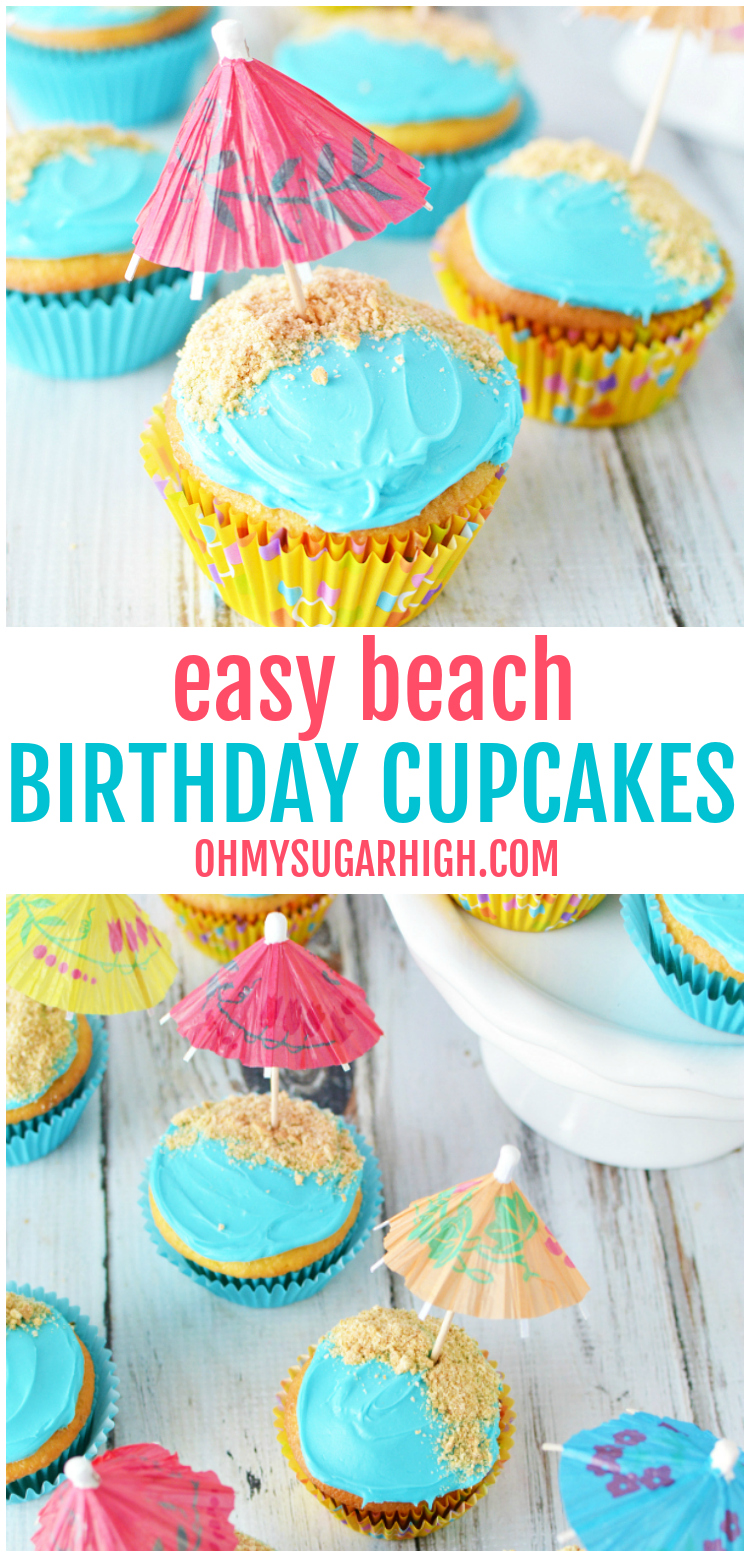 Wow guests and save time with these beach birthday cupcakes decorated with water, sand and colorful umbrellas! These easy cupcakes are perfect for your next birthday party or summer celebration like a pool party, cookout or picnic. #cupcakes #beach #kidparties #birthdayparties #summer #dessert
