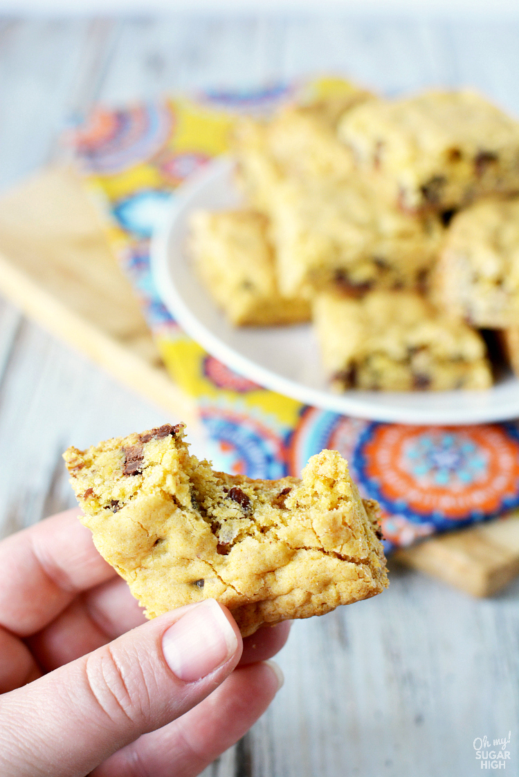 If you love soft cookies you'll love these chocolate chip cookie bars! These cookie bars made from a cake mix are dense, chewy and oh so delicious. You won't regret giving them a try!