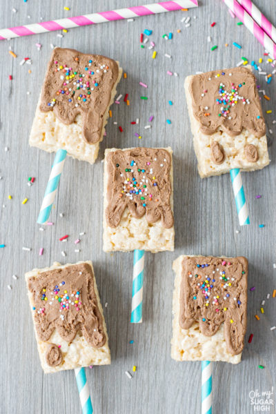 pool party cereal treats with chocolate frosting and sprinkles to look like a popsicle