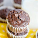 Double chocolate banana muffins stacked