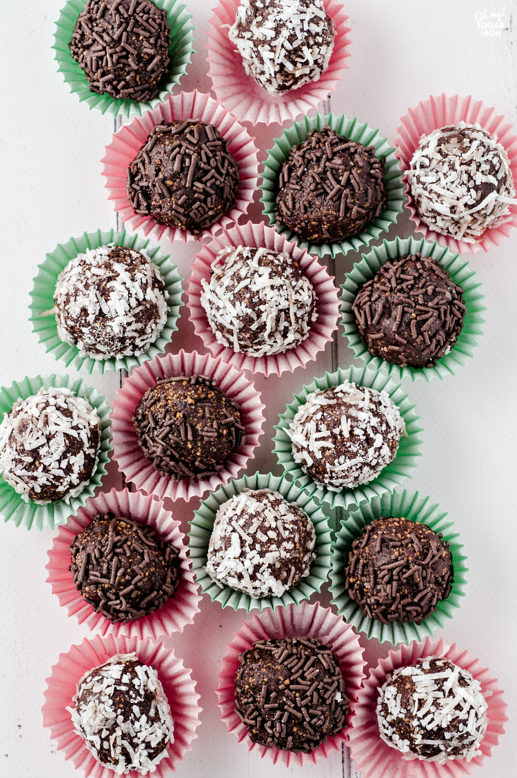 Chocolate Rum Balls in mini baking cups for Christmas