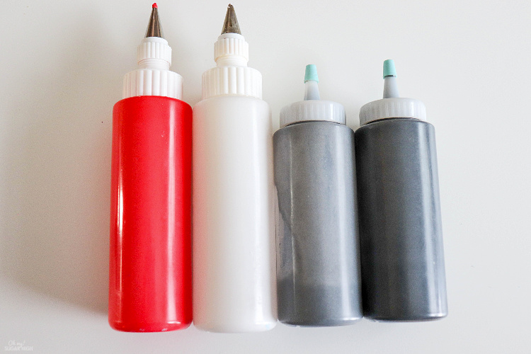 Red White Gray and Black Royal Icing in Squeeze Bottles