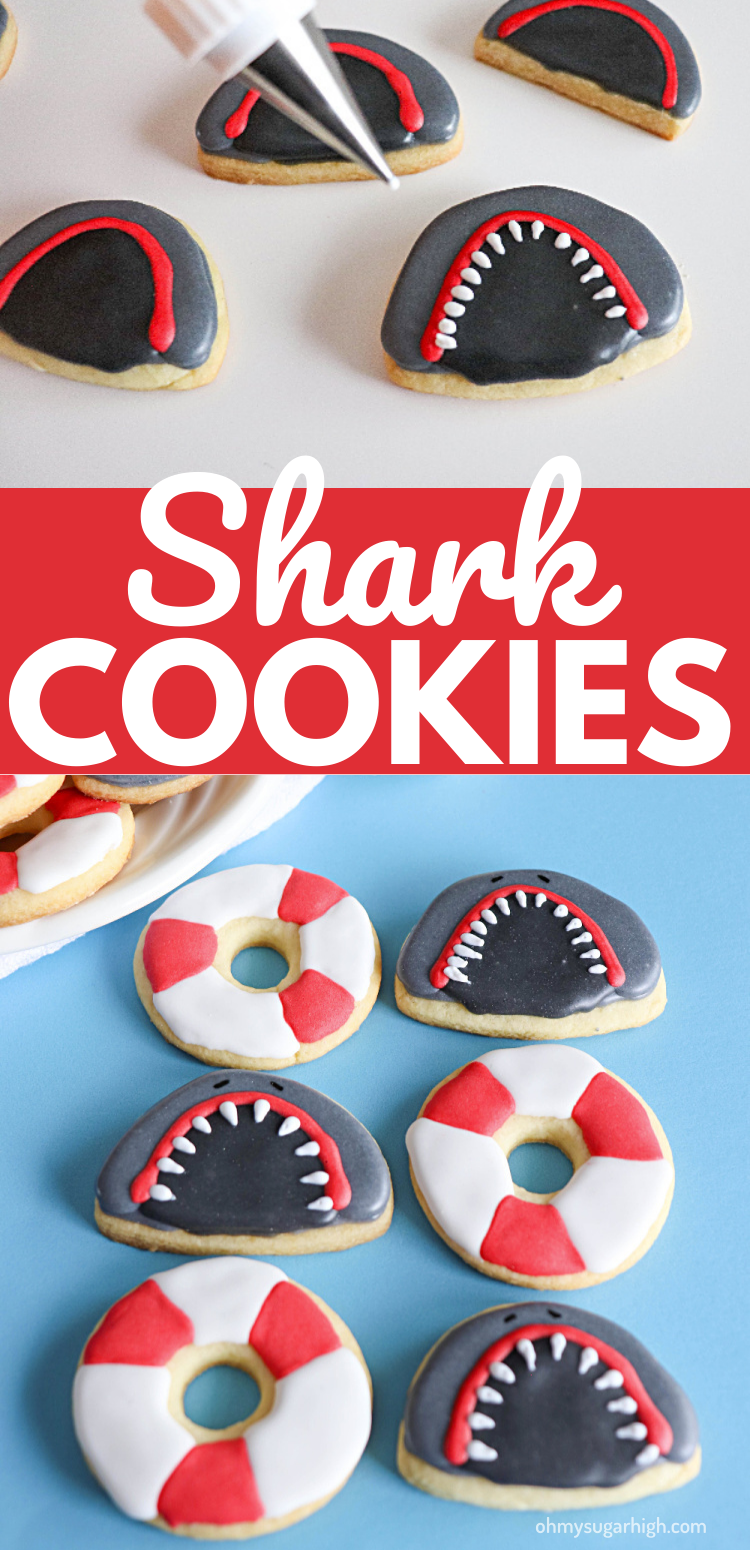 Shark cookies with royal icing are surprisingly simple with your favorite sugar cookie recipe or store bought dough! Follow these step-by-step instructions to make fun sugar cookies for a shark birthday or shark week.