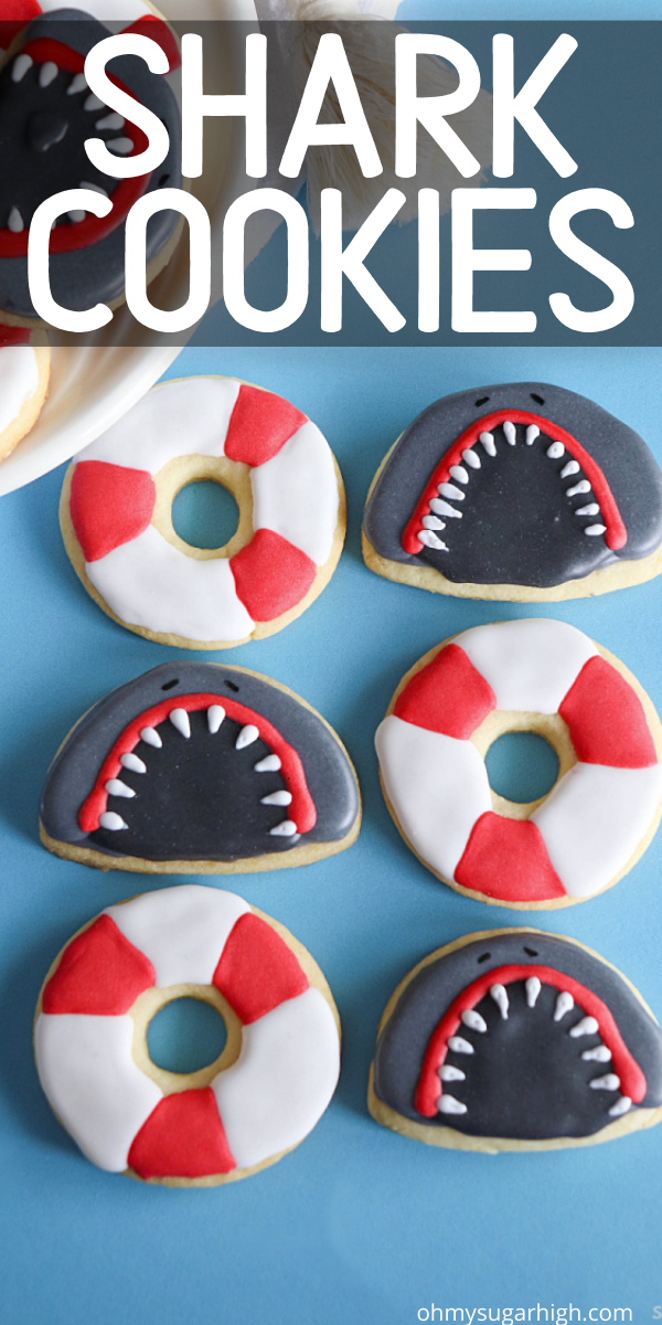 Shark Cookies are made easy with refrigerated sugar cookie dough! Have fun decorating these shark cookies with royal icing using these step-by-step instructions. Makes a great dessert for  shark week or a shark themed birthday party!
