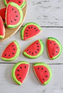 These watermelon cookies are the perfect way to get into the summer spirit! They're easy to make, and use refrigerated cookie dough. No need for any special baking skills here, but you can use your favorite sugar cookie recipe if desired!